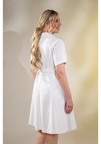 Kadın Büyük Beden Kemerli Gabardin Beyaz Elbise