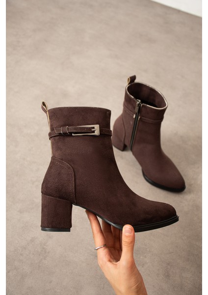 Kadın Kahve Süet Lucy Model Yandan Fermuarlı Sivri Burun Kısa Topuklu Bot fiyatları