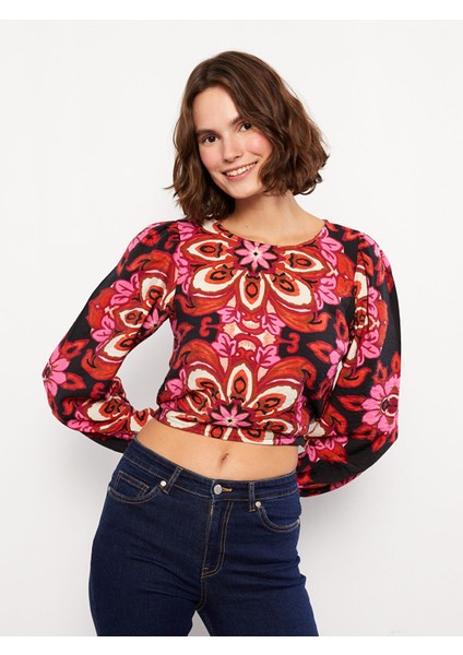 Yeni Sezon Bisiklet Yaka Desenli Uzun Kollu Crop Kadın Bluz