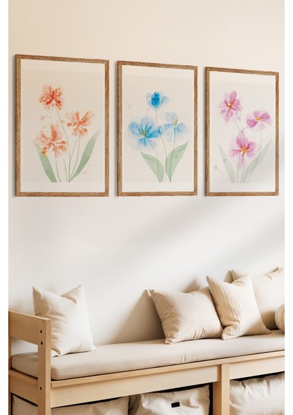 3 Parça Renkli Çiçekler ve Huzur Temalı Ahşap Çerçeve Görünümlü Mdf Tablo Seti fiyatları