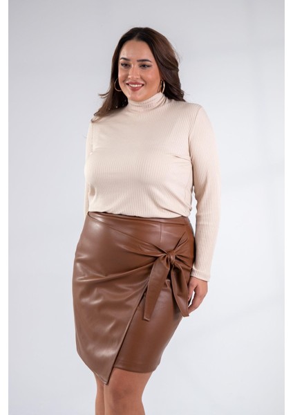 Kadın Büyük Beden Yandan Bağlamalı Suni Deri Taba Etek