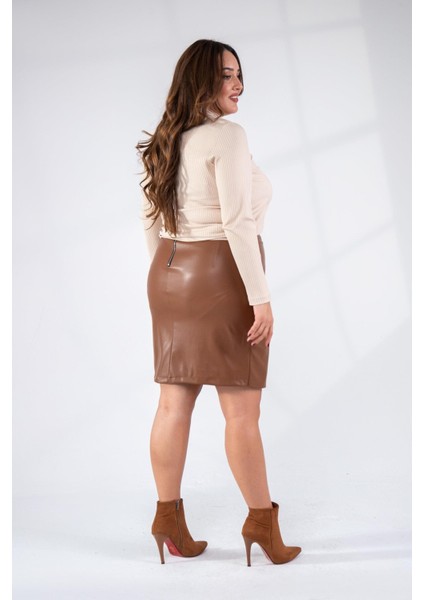 Kadın Büyük Beden Yandan Bağlamalı Suni Deri Taba Etek fiyatları