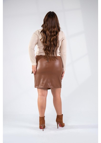 Kadın Büyük Beden Yandan Bağlamalı Suni Deri Taba Etek fırsatları