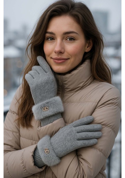 Kürk Detay Kadın Kaşe Eldiven Eld-29 Gri modelleri