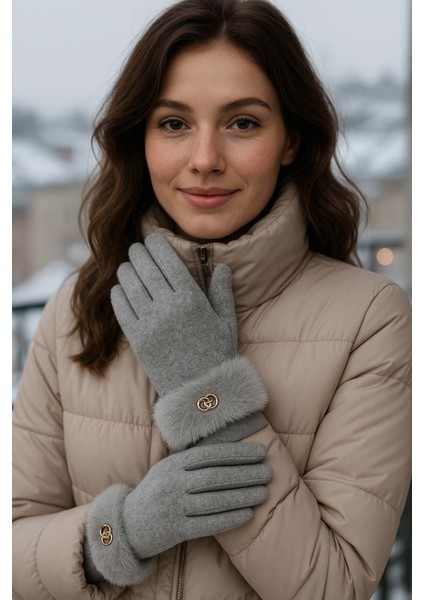Kürk Detay Kadın Kaşe Eldiven Eld-29 Gri fırsatları