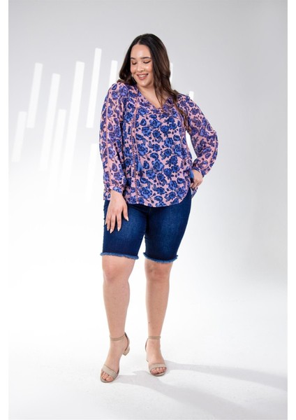 Kadın Büyük Beden Çiçekli Şifon Bluz Mavi Çiçekli