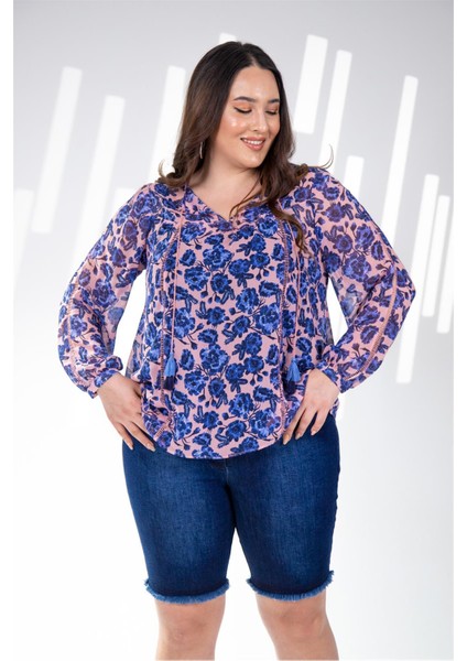 Kadın Büyük Beden Çiçekli Şifon Bluz Mavi Çiçekli fiyatları