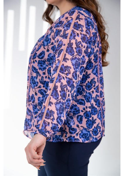 Kadın Büyük Beden Çiçekli Şifon Bluz Mavi Çiçekli modelleri