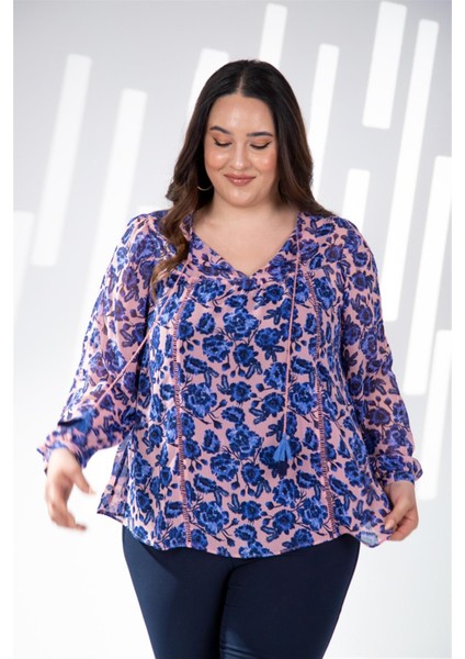 Kadın Büyük Beden Çiçekli Şifon Bluz Mavi Çiçekli fırsatları