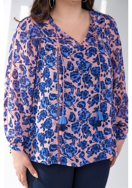Kadın Büyük Beden Çiçekli Şifon Bluz Mavi Çiçekli indirimleri