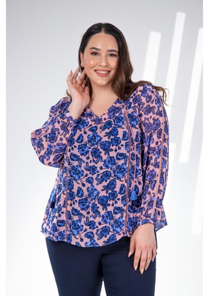 Kadın Büyük Beden Çiçekli Şifon Bluz Mavi Çiçekli