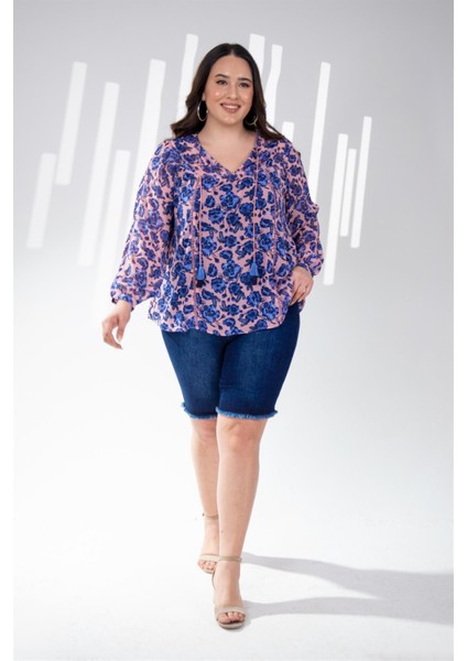 Kadın Büyük Beden Çiçekli Şifon Bluz Mavi Çiçekli