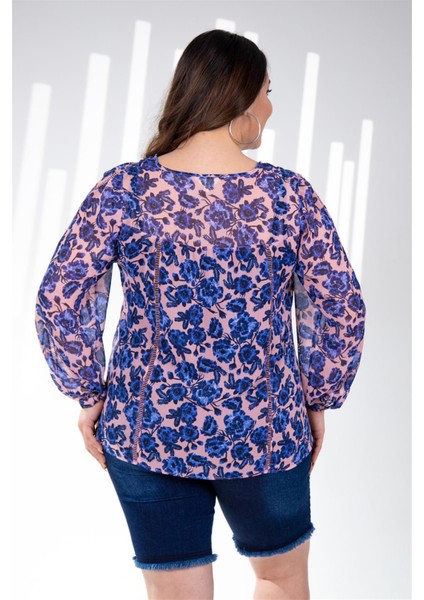 Kadın Büyük Beden Çiçekli Şifon Bluz Mavi Çiçekli