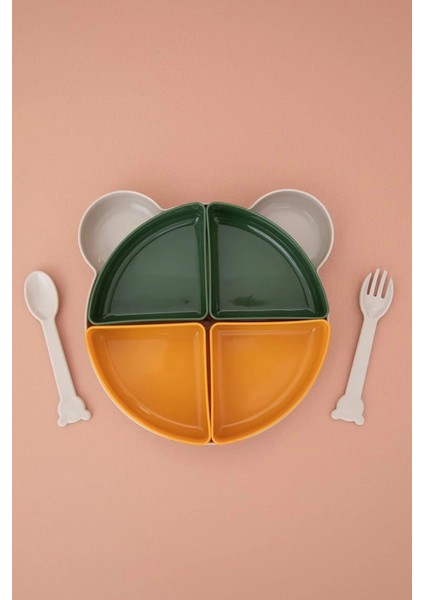 Tabldot Mama Tabağı Çıkarılabilir Kaseli -Tepsili 4 Bölmeli Çatal Kaşıklı Ayıcık Beslenme Kabı