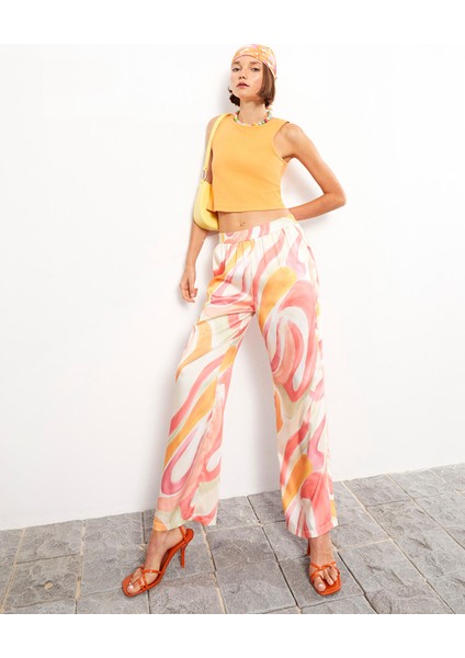 Yeni Sezon Beli Lastikli Desenli Saten Kadın Pantolon fiyatları