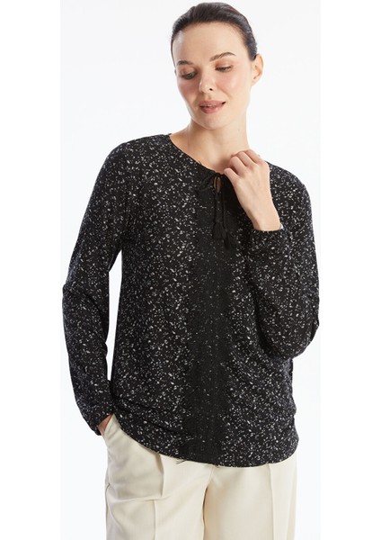 Yeni Sezon Bağlamalı Yaka Desenli Uzun Kollu Kadın Bluz