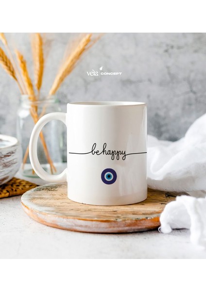 Kişiye Özel Nazar Boncuklu Be Happy Beyaz Kupa Bardak - Doğum Günü Hediyesi