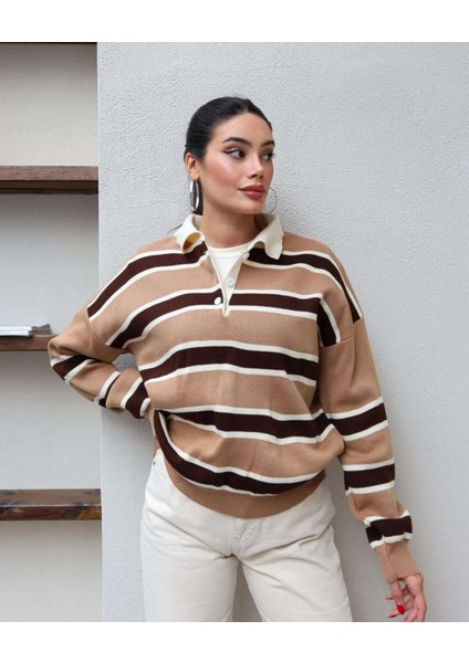 Çizgili Polo Yaka Oversize Triko Kazak