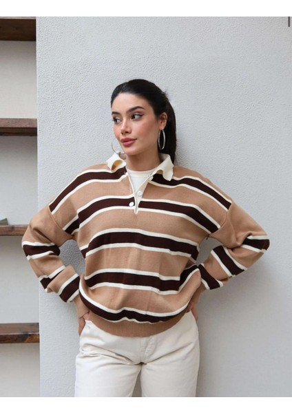 Çizgili Polo Yaka Oversize Triko Kazak fiyatları