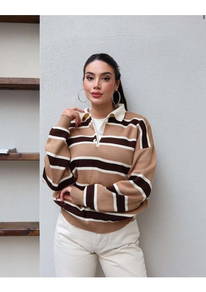 Çizgili Polo Yaka Oversize Triko Kazak modelleri