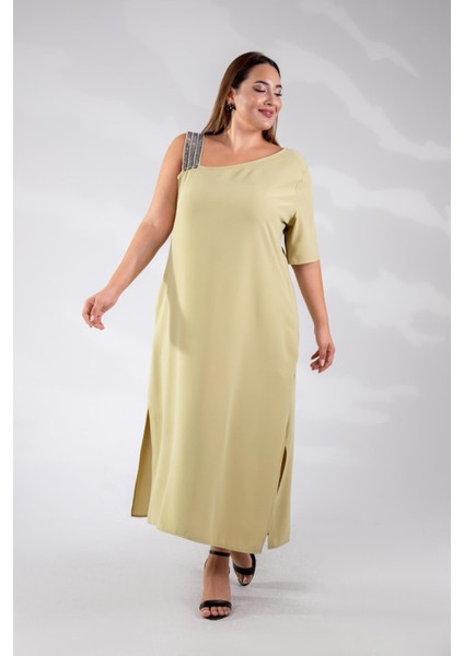 Kadın Büyük Beden Tek Omuzu Şeritli Elbise Açık Yeşil