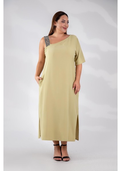 Kadın Büyük Beden Tek Omuzu Şeritli Elbise Açık Yeşil fiyatları