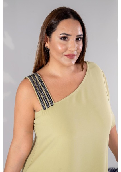 Kadın Büyük Beden Tek Omuzu Şeritli Elbise Açık Yeşil modelleri