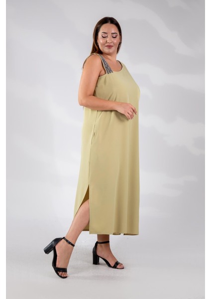 Kadın Büyük Beden Tek Omuzu Şeritli Elbise Açık Yeşil indirimleri