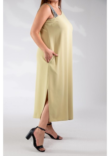 Kadın Büyük Beden Tek Omuzu Şeritli Elbise Açık Yeşil