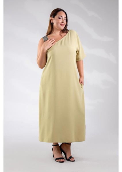 Kadın Büyük Beden Tek Omuzu Şeritli Elbise Açık Yeşil