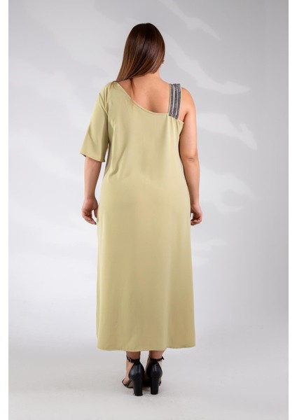 Kadın Büyük Beden Tek Omuzu Şeritli Elbise Açık Yeşil