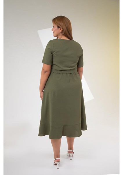 Kadın Büyük Beden Kemerli-Volanlı Haki Elbise fiyatları
