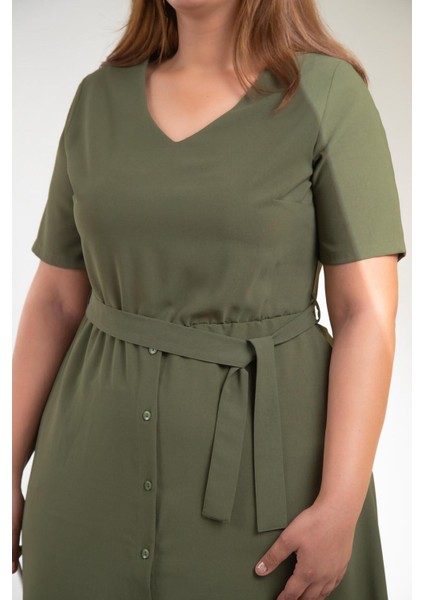 Kadın Büyük Beden Kemerli-Volanlı Haki Elbise fırsatları