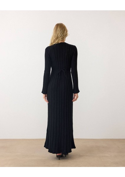 Siyah - Bel Bağlamalı Fitilli Triko Uzun Kollu Maxi Elbise modelleri