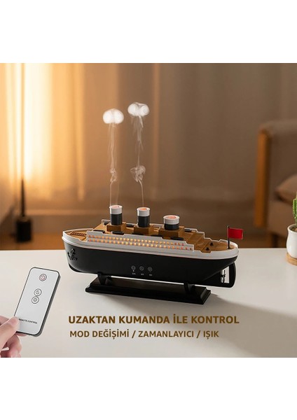 Buharlı Gemi Hava Nemlendirici Buhar Makinesi Aromaterapi Difüzörü Zamanlayıcılı Işıklı 2 Buhar Modu indirimleri
