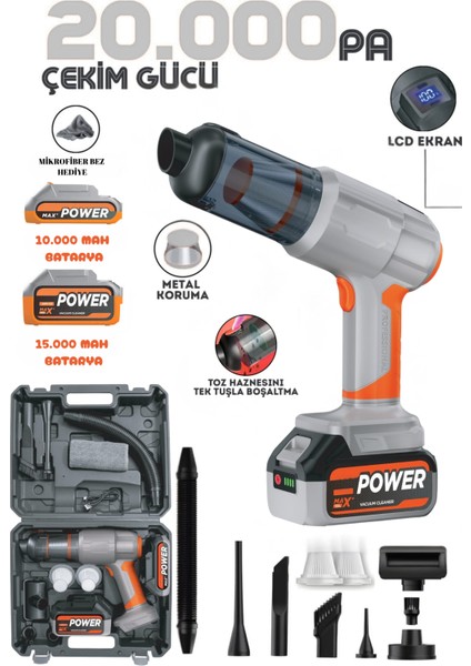 20.000PA Ultra Çekim Güçlü 25000MAH Çift Bataryalı Güçlü Vakumlu Çantalı Araç Içi Üflemeli Süpürge