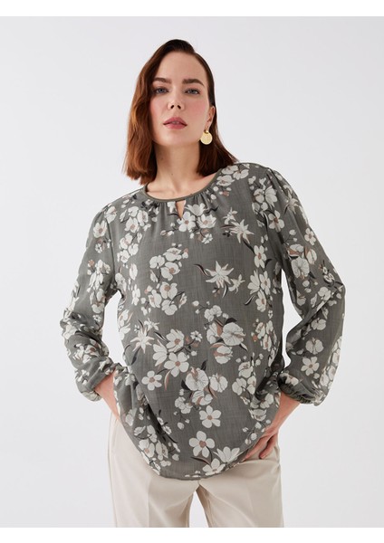 Yeni Sezon Bisiklet Yaka Çiçekli Uzun Kollu Kadın Bluz