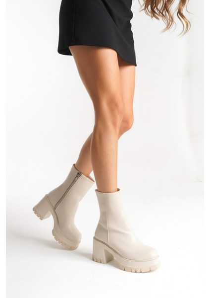 Deri Görünümlü Cilt Yandan Fermuarlı Yüksek Kalın Topuklu Kışlık Kadın Krem Kısa Bot Bootie fiyatları