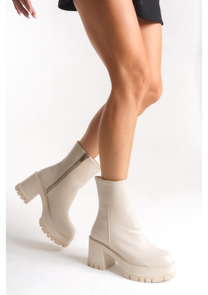 Deri Görünümlü Cilt Yandan Fermuarlı Yüksek Kalın Topuklu Kışlık Kadın Krem Kısa Bot Bootie fırsatları
