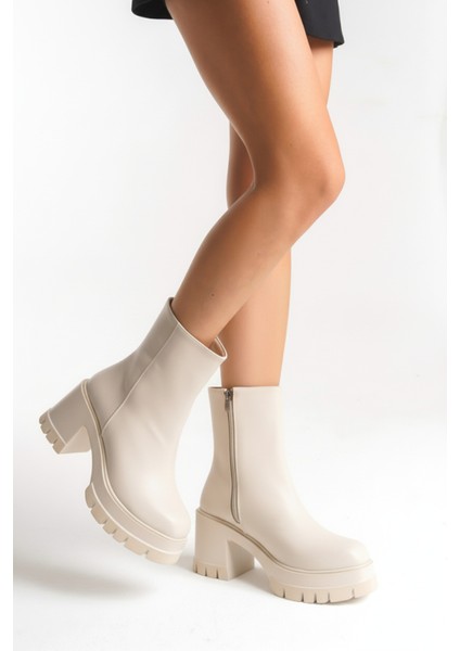 Deri Görünümlü Cilt Yandan Fermuarlı Yüksek Kalın Topuklu Kışlık Kadın Krem Kısa Bot Bootie