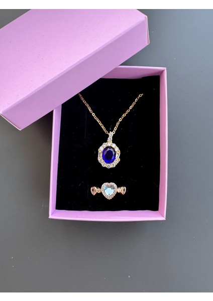Mavi Taşlı Kolye Yüzük Seti Çelik fiyatları