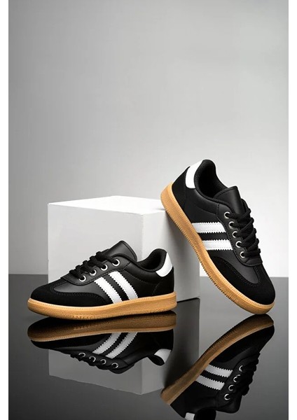 Günlük Ortopedik Rahat Tabanlı Bağcıklı Çocuk Sneaker Spor Ayakkabı - Siyah Beyaz