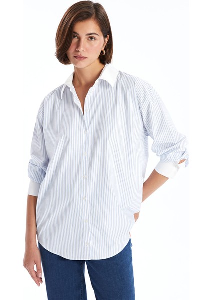 Yeni Sezon Çizgili Oversize Kadın Gömlek