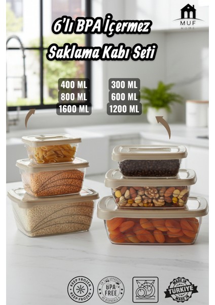 6'lı Saklama Kabı Seti Bpa Içermez Erzak Kutusu Premium Kapak Hava Almaz Kapak - Toplamda 4,9 Litre
