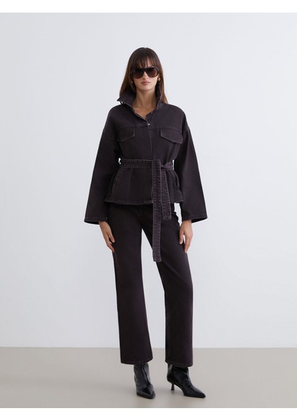 Yeni Sezon Gömlek Yaka Beli Kuşaklı Kadın Jean Ceket fiyatları