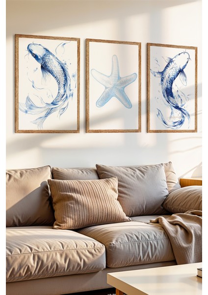 3 Parça Sakin Akış Konsepli Ahşap Çerçeve Görünümlü Mdf Tablo Seti