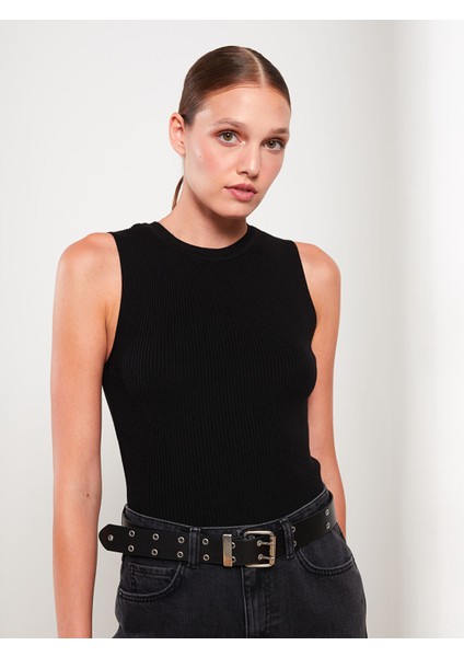 Yeni Sezon Kadın Bisiklet Yaka Düz Triko Crop