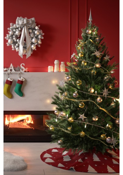 Kırmızı Beyaz Çam Ağacı Desenli Yılbaşı Çam Ağacı Örtüsü