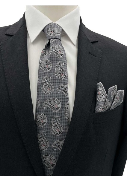 7 cm Gri Siyah Şal Desen Kravat Mendil Set