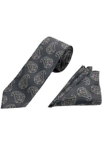 7 cm Gri Siyah Şal Desen Kravat Mendil Set fiyatları
